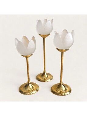 Vintage Brass Tone Frosted Glass Tulip Tea Light Candle Holders Set of 3 Flower